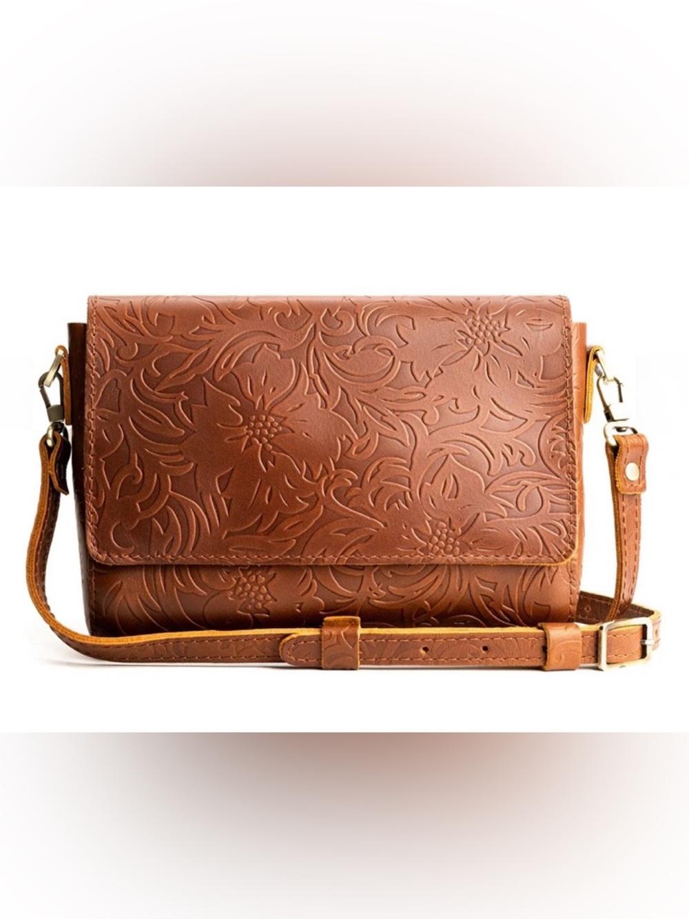 NWOT Portland Leather Metro Medium “Meadow” Floral Embossed Leather Crossbody